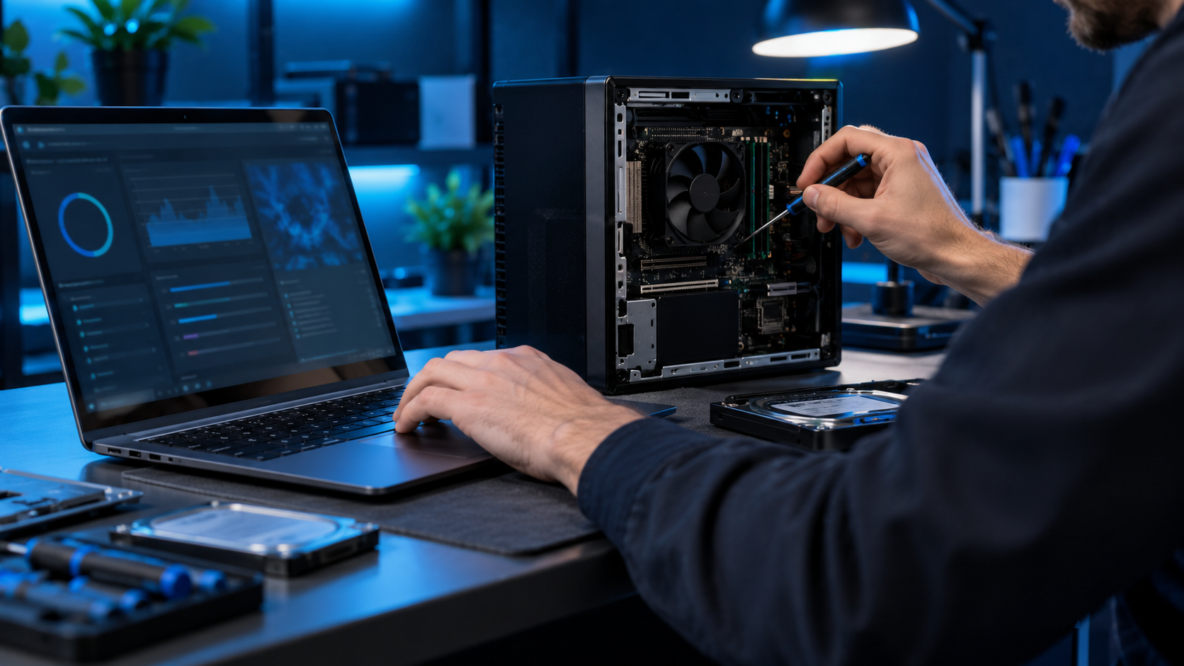 Diagnosi tecnica su computer portatile e componenti hardware